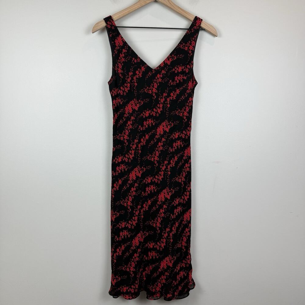 Vtg‎ 90s Jones New York Midi Dress Sz 8 Black Red Floral Y2K Rayon Fairy Goth